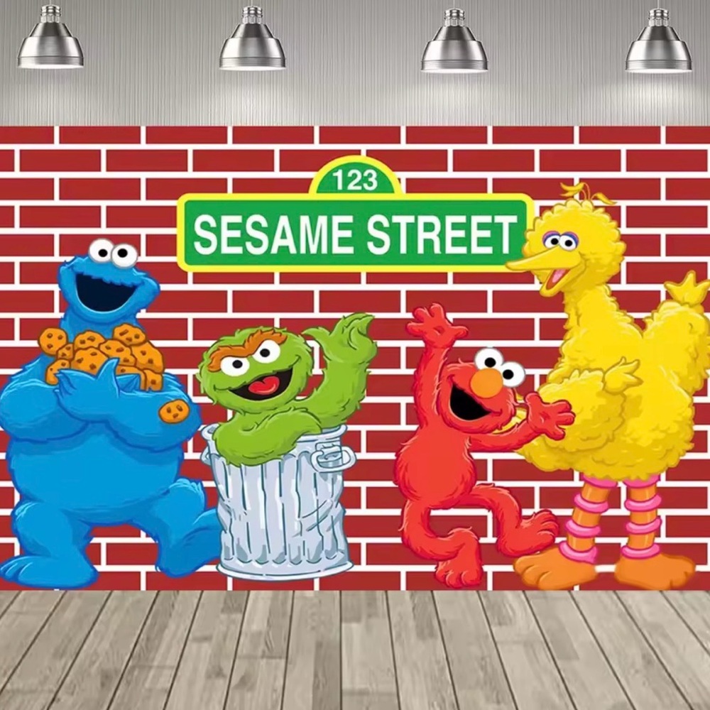 Cookie Monster, Oscar, Elmo, Big Bird Birthday Party Backdrop Banner Room